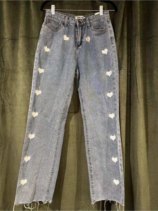 Skinny Fries Denim - Straight Leg Light Blue Jeans with White Heart Details